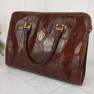 Vintage 1970s Pollini Dark Brown Crocodile Leather Satchel Large Handbag
